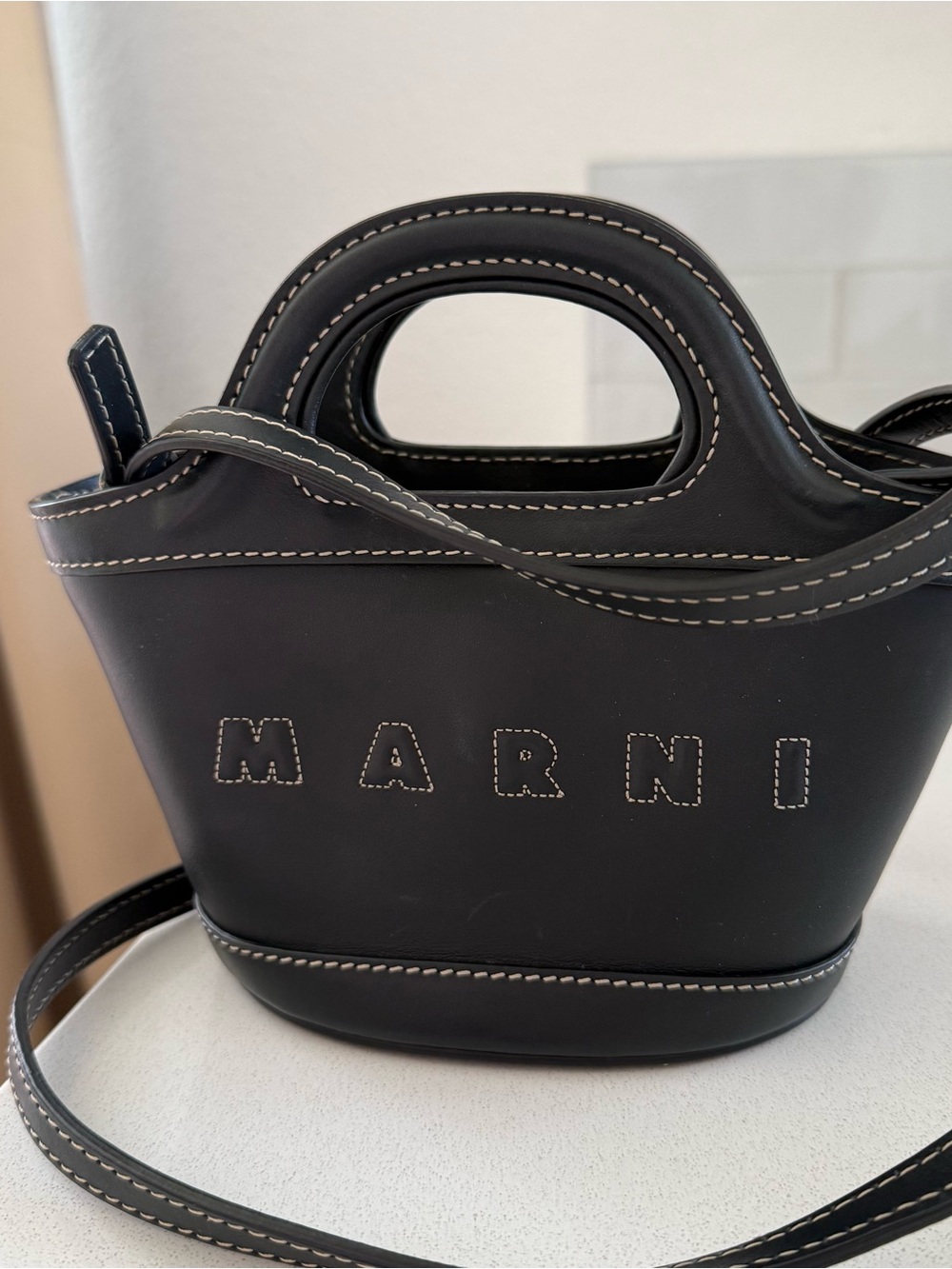 Marni Black Leather Mini Tote with White Stitching